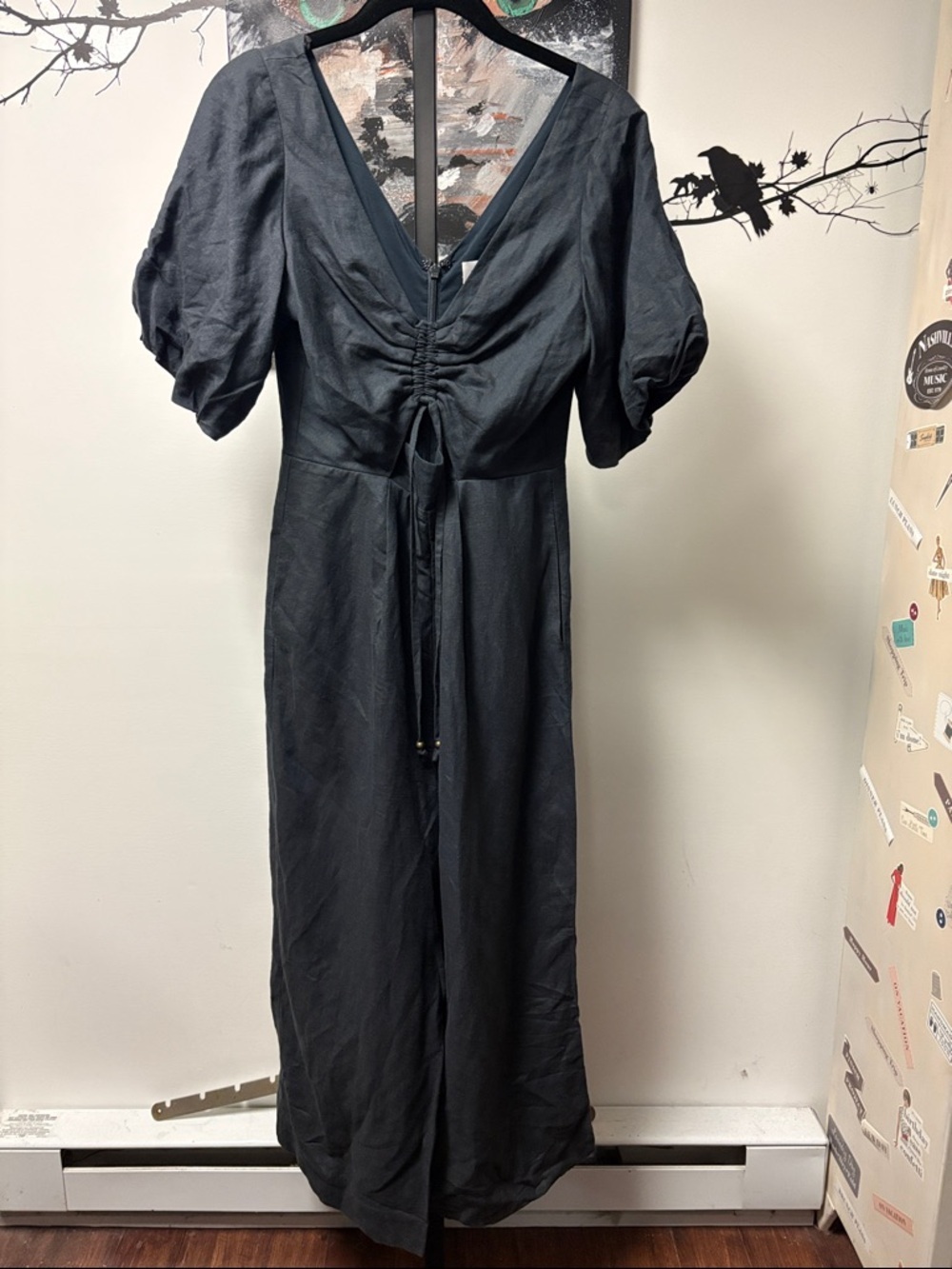 Shrike Black V-Neck Puff Sleeve Midi Jumpsuit with Front Tie Size 6